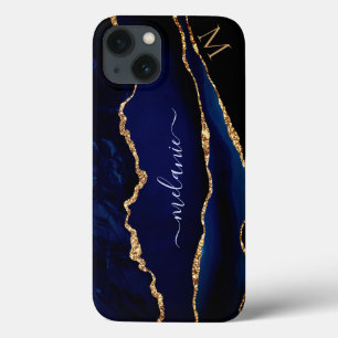 Agate Navyblå Guld Glitter Monogram iPhone Fodral