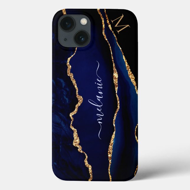 Agate Navyblå Guld Glitter Monogram iPhone Fodral (Baksida)
