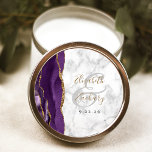 Agate Purple Gold Script Marble Wedding Runt Klistermärke<br><div class="desc">This elegant modern wedding sticker features a purple watercolor agate geode design trimmed with faux gold glitter. Easily customize the black and gold-colored text on a gray and white marble background,  with the names of the bride and groom in handwriting calligraphy over a large gray ampersand.</div>