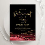 Agate Red Black Guld Pension Party Inbjudningar<br><div class="desc">Röd,  svart och guld agate pension-inbjudan. Elegantens moderna design med vattenfärgad bakgrund,  faux glitter guld och typsnitt för färgskript. Trendig inbjudan-kortets perfekt för en snyggt kvinnas pension firande. Skrivna Zazzle-inbjudningar eller digital utskrivbar mall för omedelbar nedladdning.</div>