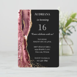 Agate Rosa Black Ro Guld Glitter 16:e födelsedagen Inbjudningar