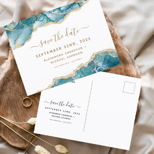 Agate Save Date Turcos Teal Guld Bröllop Meddelande Vykort