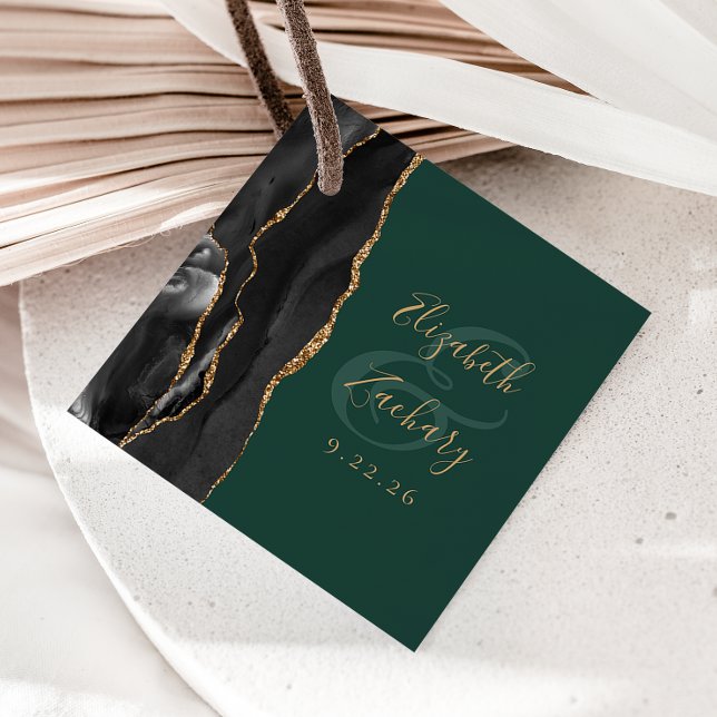 Agate Script Black Guld Emerald Grönt Bröllop Gåvor Etiketter (Skapare uppladdad)