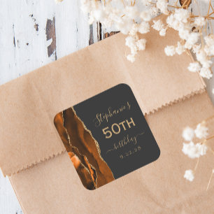Agate Script Bränd Orange Guld Mörk 50-årsdag Fyrkantigt Klistermärke