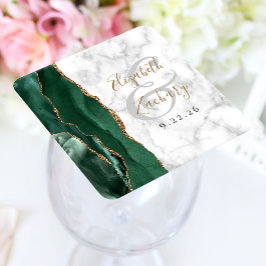 Agate Script Emerald Grönt Guld Marble Bröllop Underlägg Papper Kvadrat