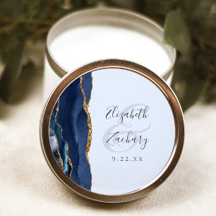 Agate Script Marinblå Ljusblå Guld Bröllop Runt Klistermärke