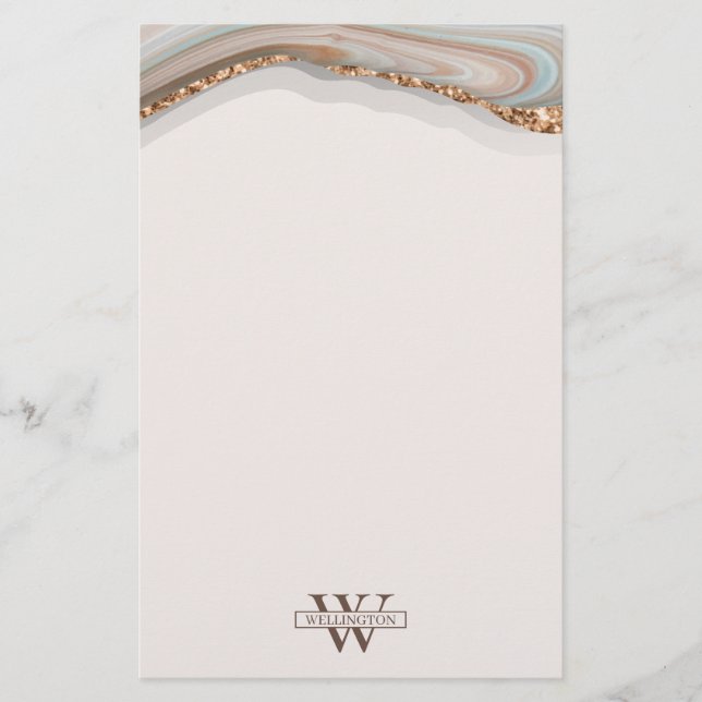 Agate Stone Marble Monogram Namn Stationery Papper (Framsida)