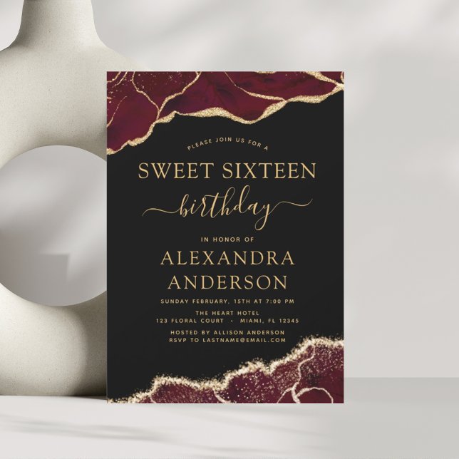 Agate Sweet 16 Birthday Burgundy Guld bjudande Inbjudningar (Skapare uppladdad)