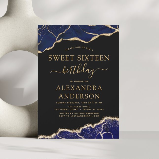 Agate Sweet sixteen 16 Blått Guld-inbjudan Inbjudningar (Skapare uppladdad)