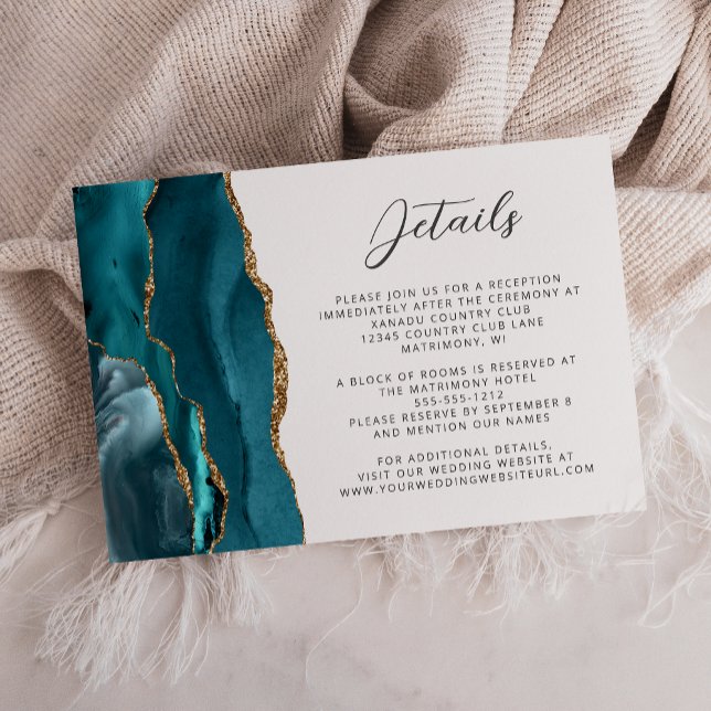 Agate Teal Blå Guld Script Bröllopsdetaljer Tilläggskort (Skapare uppladdad)