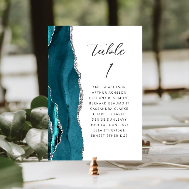 Agate Teal Blå Silver Modern Bröllopsskrift Bordsnummer (Skapare uppladdad)
