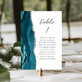 Agate Teal Blå Silver Modern Skrift Bröllop Bordsnummer