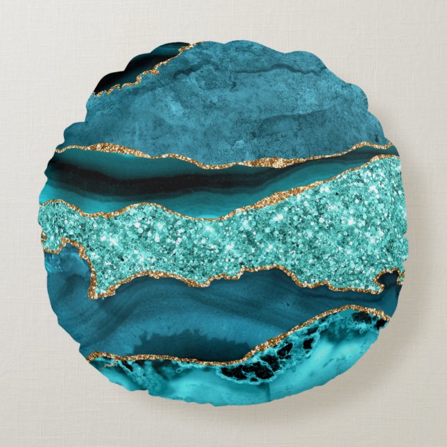 Agate Teal Blue Gold Glitter Aqua Round Pillow Rund Kudde (Framsidan)