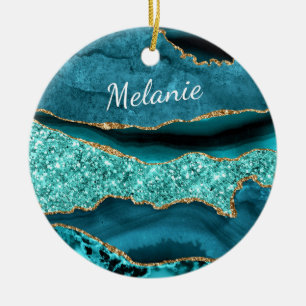 Agate Teal Blue Guld Anpassat namn Aqua Turcos Julgransprydnad Keramik