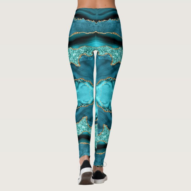 Agate Teal Blue Guld Aqua Turquise Leggings (Baksida)