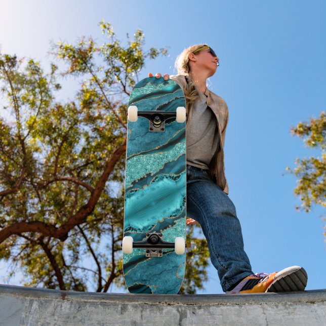 Agate Teal Blue Guld Aqua Turquise Skateboard (Utomhus 1)
