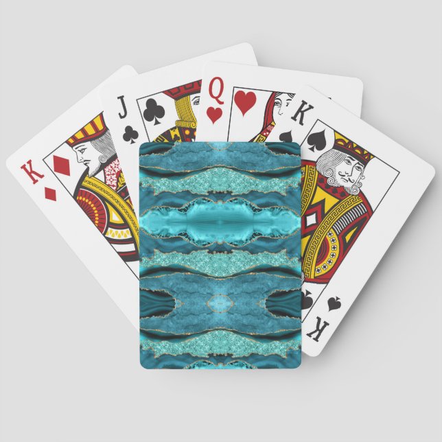 Agate Teal Blue Guld Aqua Turquise Spelkort (Baksidan)