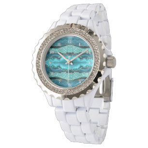 Agate Teal Blue Guld Glitter Aqua Turkvoise Watch Armbandsur