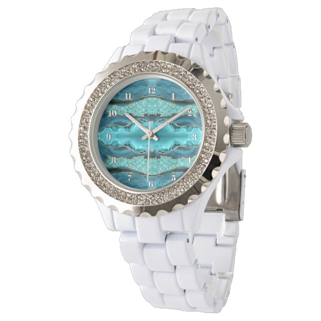 Agate Teal Blue Guld Glitter Aqua Turkvoise Watch Armbandsur (Vinklad)