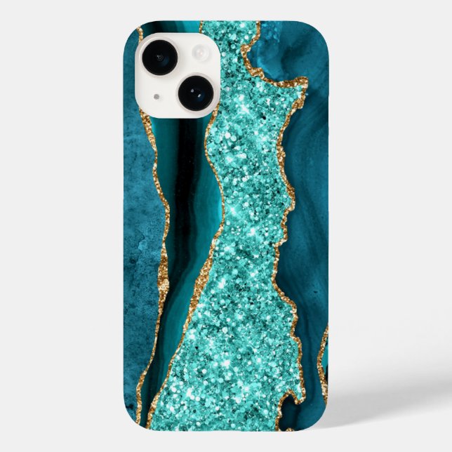 Agate Teal Blue Guld Glitter Marble Aqua Turcos (Baksida)