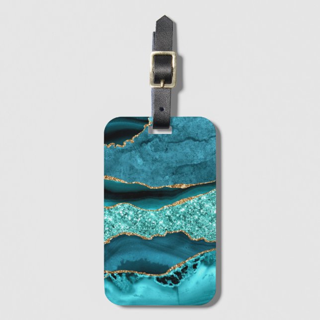 Agate Teal Blue Guld Glitter Marble Aqua Turcos Bagagebricka (Framsida vertikal)