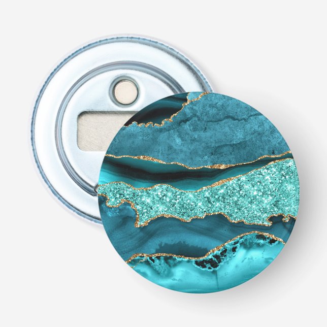 Agate Teal Blue Guld Glitter Marble Aqua Turcos Flasköppnare (Framsidan)