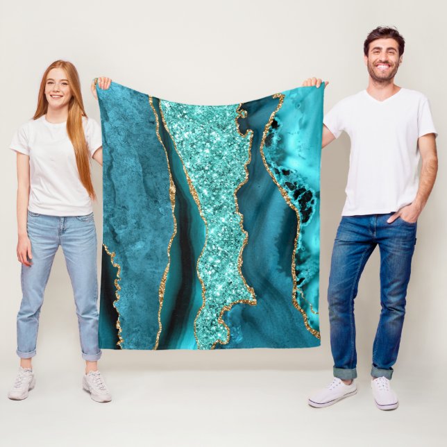 Agate Teal Blue Guld Glitter Marble Aqua Turcos Fleecefilt (På plats)