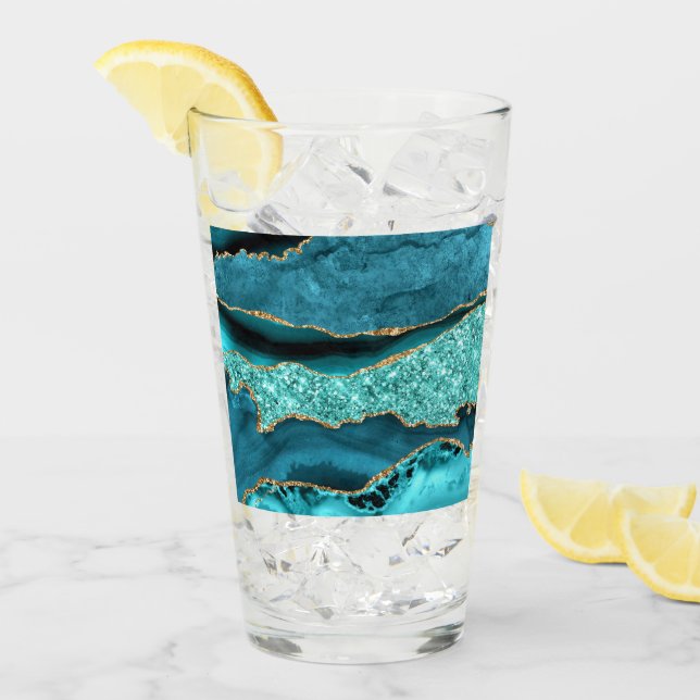 Agate Teal Blue Guld Glitter Marble Aqua Turcos Glaskopp (Framsida Ice)