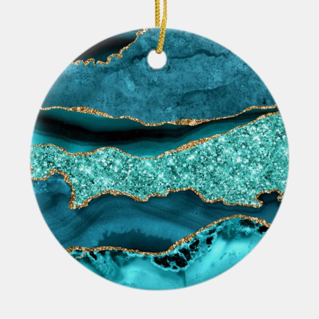 Agate Teal Blue Guld Glitter Marble Aqua Turcos Julgransprydnad Keramik (Framsidan)