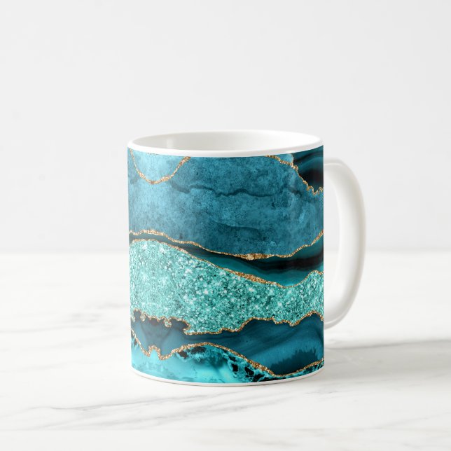 Agate Teal Blue Guld Glitter Marble Aqua Turcos Kaffemugg (Framsida höger)
