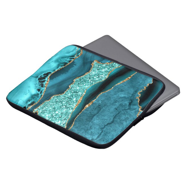 Agate Teal Blue Guld Glitter Marble Aqua Turcos Laptop Fodral (Framsida topp)