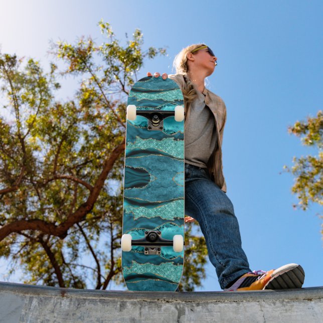 Agate Teal Blue Guld Glitter Marble Aqua Turcos Mini Skateboard Bräda 18,5 Cm (Utomhus 1)