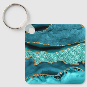 Agate Teal Blue Guld Glitter Marble Aqua Turcos Nyckelring