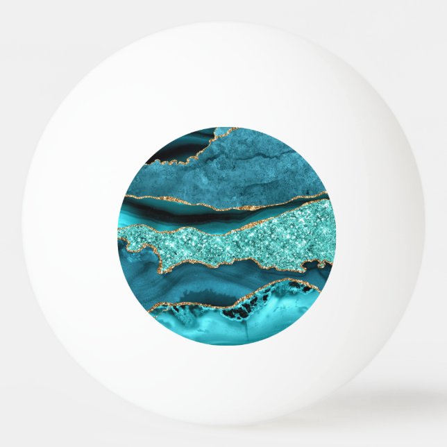 Agate Teal Blue Guld Glitter Marble Aqua Turcos Pingisboll (Framsidan)