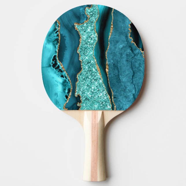 Agate Teal Blue Guld Glitter Marble Aqua Turcos Pingisracket (Framsidan)
