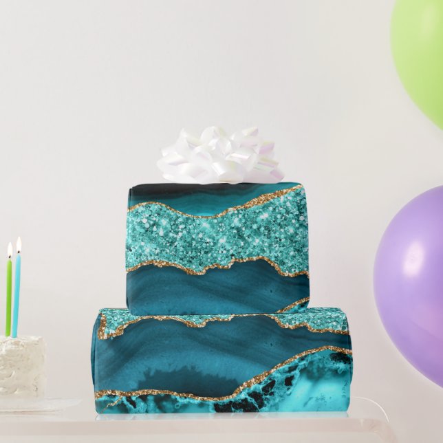 Agate Teal Blue Guld Glitter Marble Aqua Turcos Presentpapper (Festgåvor)