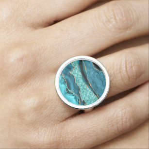 Agate Teal Blue Guld Glitter Marble Aqua Turcos Ring