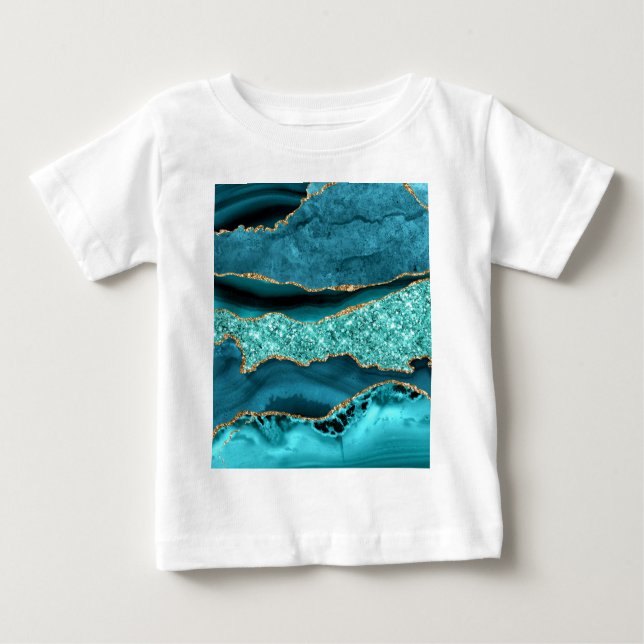 Agate Teal Blue Guld Glitter Marble Aqua Turcos T Shirt (Framsida)