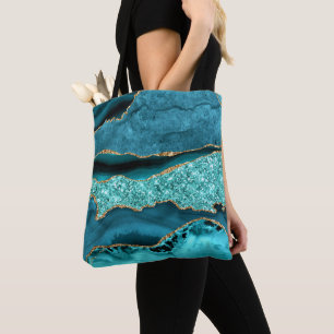Agate Teal Blue Guld Glitter Marble Aqua Turcos Tygkasse