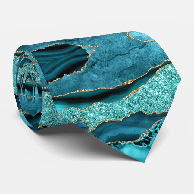 Agate Teal Blue Guld Glitter Turquise Neck Tie Slips (Rullad)