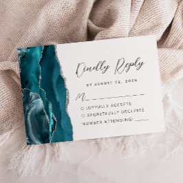 Agate Teal Blue Silver Modern Script Bröllop OSA Kort