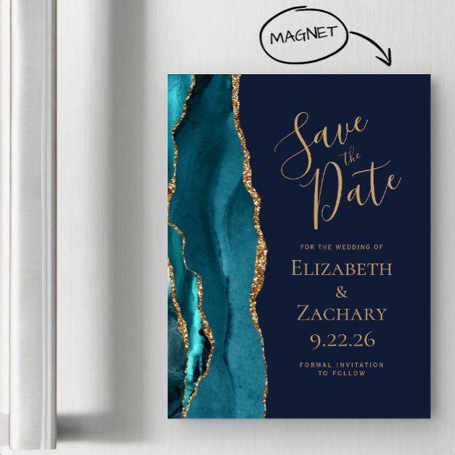 Agate Teal Guld Navy Blue Magnetic Save Date (Skapare uppladdad)
