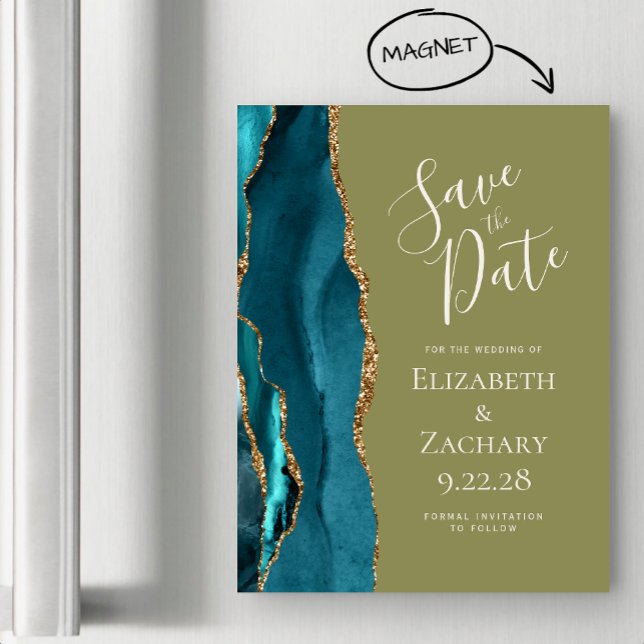 Agate Teal Guld Olivgrön Magnetisk Save the Date (Skapare uppladdad)
