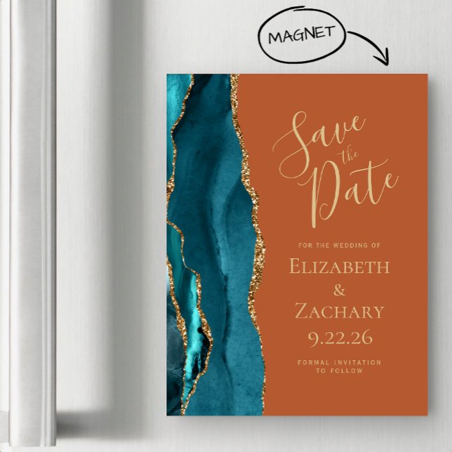 Agate Teal Guld Rust Magnetic Save Date (Skapare uppladdad)