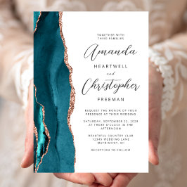 Agate Teal Rose Gold Script Wedding Inbjudningar