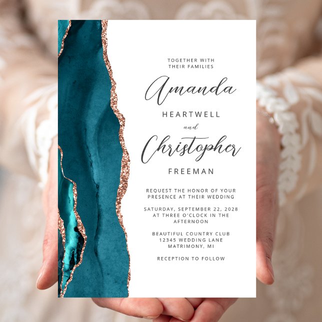 Agate Teal Rose Gold Script Wedding Inbjudningar (Skapare uppladdad)