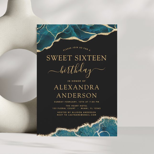 Agate Turcos Sweet 16 Teal Guld Inbjudningar (Skapare uppladdad)