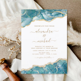 Agate Turcos Teal Guld Blue Wedding bjudande Inbjudningar