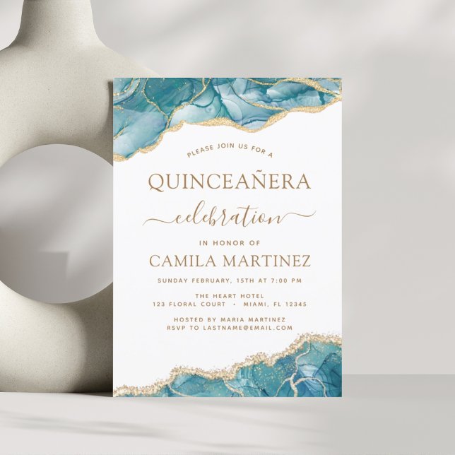 Agate Turkvoise Quinceañera Teal Guld Blue Invat Inbjudningar (Skapare uppladdad)