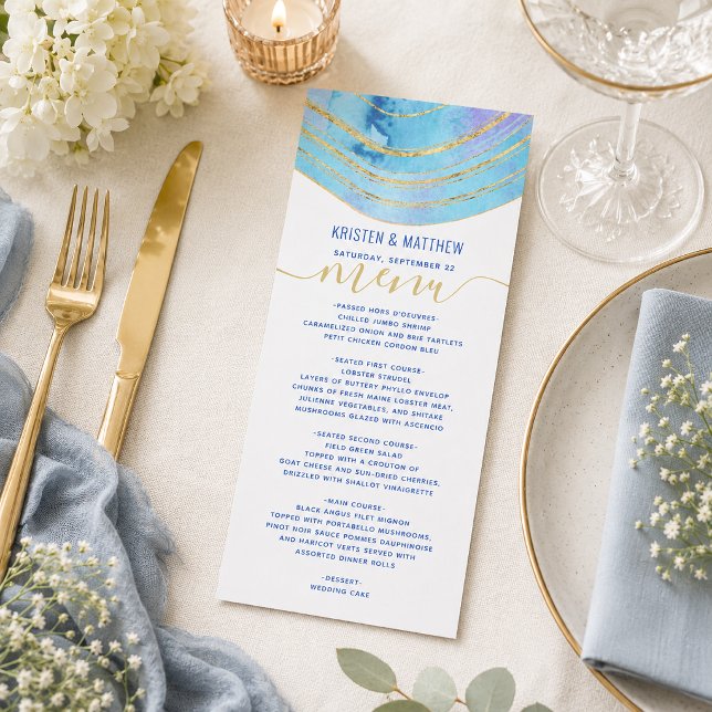 Agate Watercolor Blue Lila Menu Meny (Elevate your celebration dining with this blue lavender agate geode gold foil wedding menu design. )